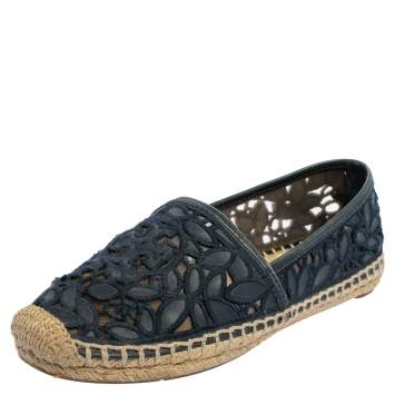 Pre Owned Tory Burch Navy Blue Lace And Leather Jackie Espadrille Flats Size 36