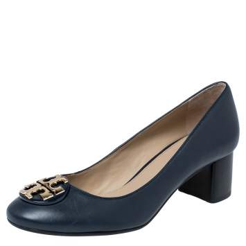 Pre Owned Tory Burch Navy Blue Leather Block Heel Pumps Size 37.5