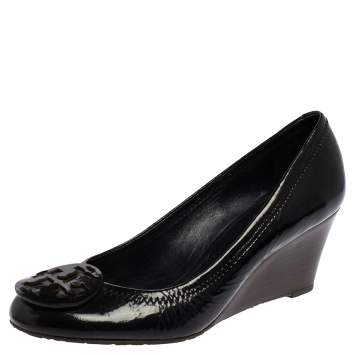 Pre Owned Tory Burch Navy Blue Patent Leather Sophie Wedge Pumps Size 38.5