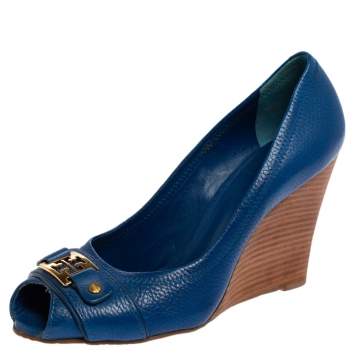 Pre Owned Tory Burch Blue Leather Peep Toe Wedge Pumps Size 39