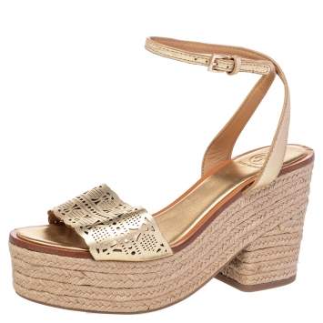 Pre Owned Tory Burch Gold Laser Cut Leather Roselle Espadrille Platform Sandals Size 38