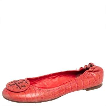 Pre Owned Tory Burch Orange Croc Embossed Leather Minnie Travel Ballet Flats Size 36
