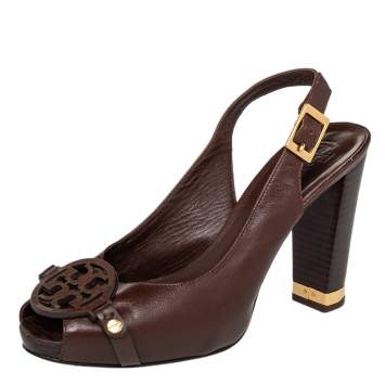 Pre Owned Tory Burch Brown Leather Kaden Peep Toe Slingback Sandals Size 38.5