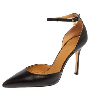 Pre Owned Tory Burch Black Leather Penelope Pointed Toe Ankle Strap Sandals Size 37.5