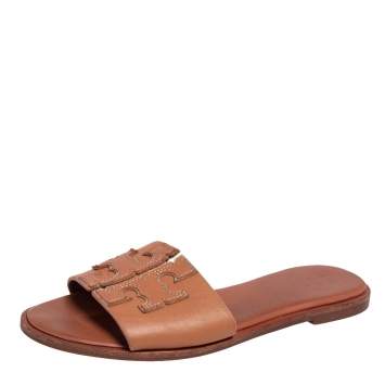 Pre Owned Tory Burch Brown Leather Slide Everly Sandals Size 36