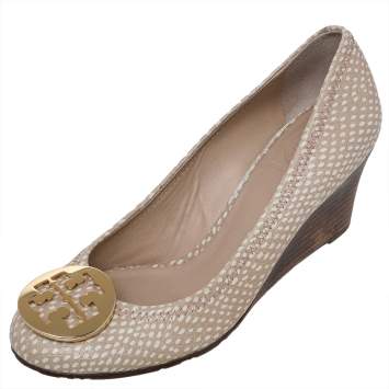 Pre Owned Tory Burch Beige Embossed Leather Sofia Wedge Pumps Size 37