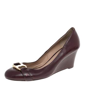 Pre Owned Tory Burch Burgundy Leather Wedge Pumps Size 41