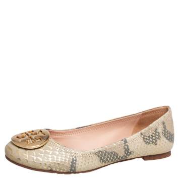 Pre Owned Tory Burch Gold/Beige Python Embossed Leather Reva Ballet Flats Size 36.5