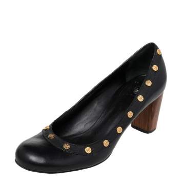 Pre Owned Tory Burch Black Leather Reva Logo Studded Wooden Block Heels Pumps Size 40