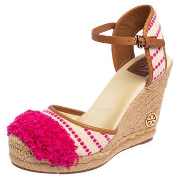 Pre Owned Tory Burch Beige/Pink Striped Canvas and Leather Trim Espadrille Wedge Sandals Size 38.5