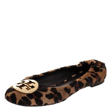Pre Owned Tory Burch Brown Leopard Print Calf Hair Reva Ballet Flats Size 37.5