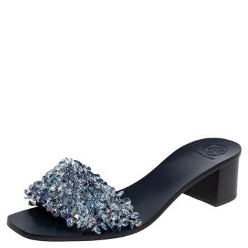 Pre Owned Tory Burch Navy Blue Satin Beads Embellished Block Heel Slide Sandals Size 40
