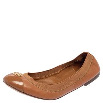 Pre Owned Tory Burch Brown Leather Scrunch Ballet Flats Size 37