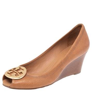 Pre Owned Tory Burch Brown Leather Peep Toe Wedge Pumps Size 37
