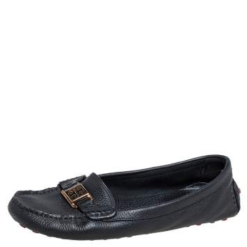 Pre Owned Tory Burch Navy Blue Grained Leather Driving Loafers Size 40