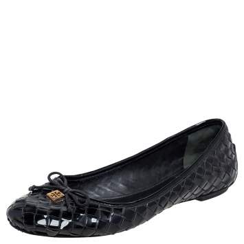 Pre Owned Tory Burch Black Woven Patent Leather Bow Ballet Flats Size 40