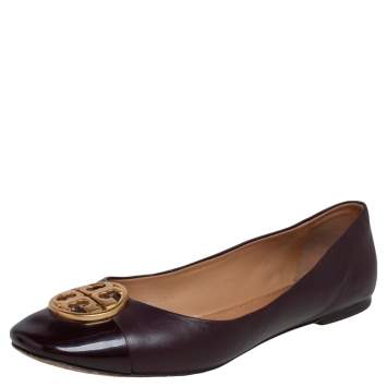 Pre Owned Tory Burch Purple Leather and Patent Leather Cap Toe Ballet Flats Size 37.5