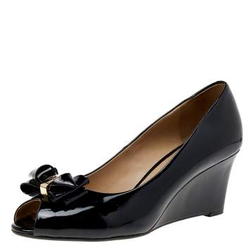 Pre Owned Tory Burch Black Patent Leather Wedge Pumps Size 39.5