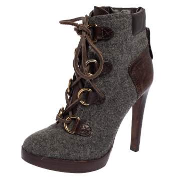 Pre Owned Tory Burch Brown/Grey Wool and Leather Lawson Boots Size 37.5