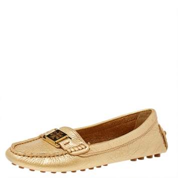 Pre Owned Tory Burch Gold Foil Leather Metal Logo Slip On Loafers Size 36