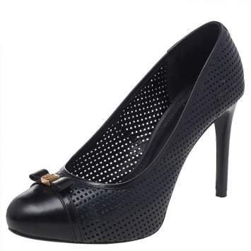 Pre Owned Tory Burch Black/Blue Perforated Leather Bow Pumps Size 38