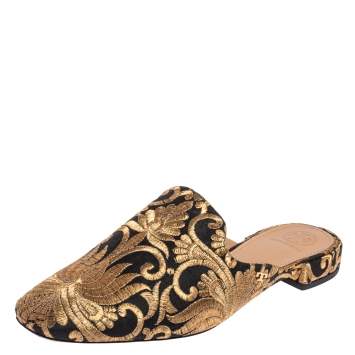 Pre Owned Tory Burch Gold/Black Fabric Carlotta Embroidered Mules Size 38.5