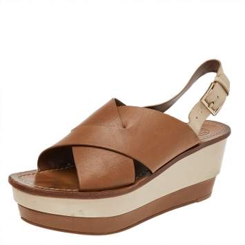 مملوكة مسبقًا Tory Burch Brown/Beige Leather Platform Wedge Slingback Sandals Size 38.5