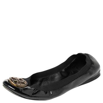 Pre Owned Tory Burch Black Patent Leather Scrunch Ballet Flats Size 38