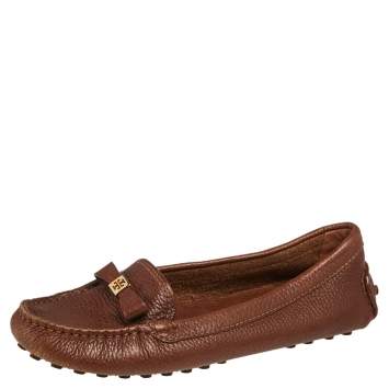 Pre Owned Tory Burch Brown Leather Bow Slip On Loafers Size 36.5