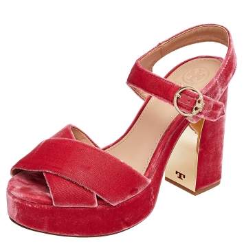 Pre Owned Tory Burch Pink Velvet Loretta Platform Ankle Strap Sandals Size 38
