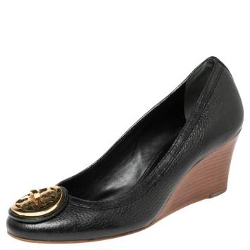 Pre Owned Tory Burch Black Leather Reva Logo Wedge Pumps Size 37