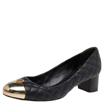 Pre Owned Tory Burch Black Quilted Leather Cap-Toe Pumps Size 39