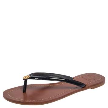 Pre Owned Tory Burch Dark Blue Patent Leather Terra Thong Flats Size 36.5