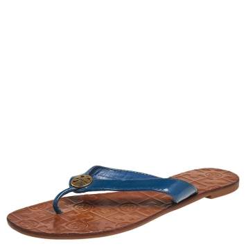 Pre Owned Tory Burch Blue Patent Leather Thora Thong Flats Size 38