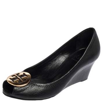 Pre Owned Tory Burch Black Leather Sally Wedge Pumps Size 37.5