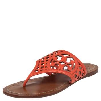 Pre Owned Tory Burch Coral Red Lattice Leather Flat Thong Sandals Size 36
