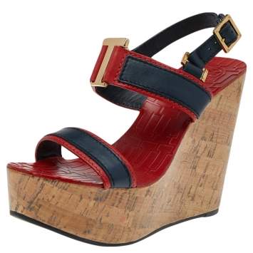 Pre Owned Tory Burch Red/Blue Leather Cork Wedge Platform Slingback Sandals Size 38