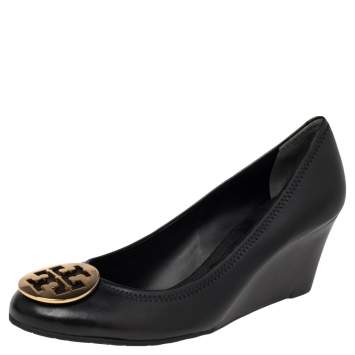 Pre Owned Tory Burch Black Leather Wedge Pumps Size 41