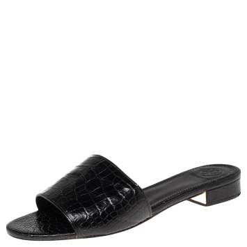 Pre Owned Tory Burch Black Croc Embossed Leather Slide Sandals Size 37.5