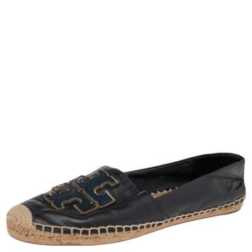 Pre Owned Tory Burch Navy Blue Leather Ines Logo Espadrille Flats Size 38