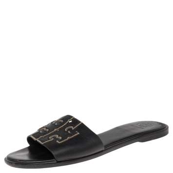 Pre Owned Tory Burch Black Leather Double T Slide Flat Sandals Size 36.5