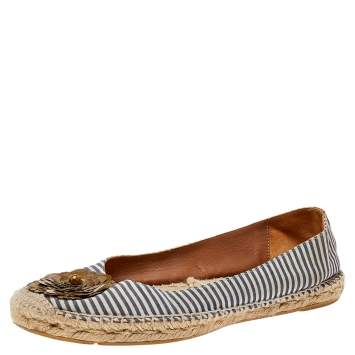 Pre Owned Tory Burch Beige/Blue Canvas Embellished Flats Size 38