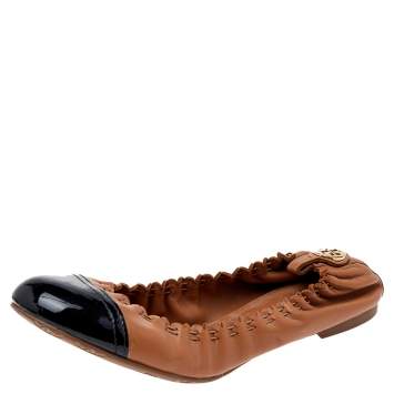 Pre Owned Tory Burch Brown/Black Patent And Leather Ballet Flats Size 38.5