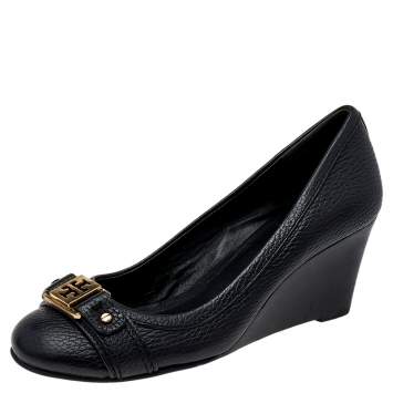 Pre Owned Tory Burch Black Leather Wedge Pumps Size 35