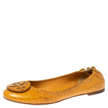 Pre Owned Tory Burch Mustard Croc Embossed Leather Minnie Travel Ballet Flats Size 40