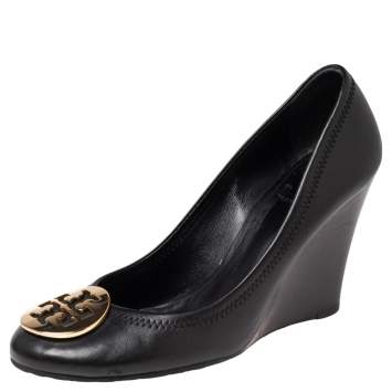 Pre Owned Tory Burch Black Leather Sophie Embellished Wedge Pumps Size 38