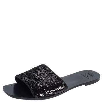 Pre Owned Tory Burch Black/Silver Sequins Flat Slides Size 41.5