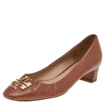 Pre Owned Tory Burch Brown Leather Reva Block Heel Pumps Size 37.5