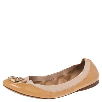 Pre Owned Tory Burch Beige Patent Leather Scrunch Ballet Flats Size 37