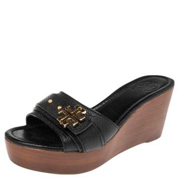 Pre Owned Tory Burch Black Leather Elina Wedge Platform Sandals Size 37